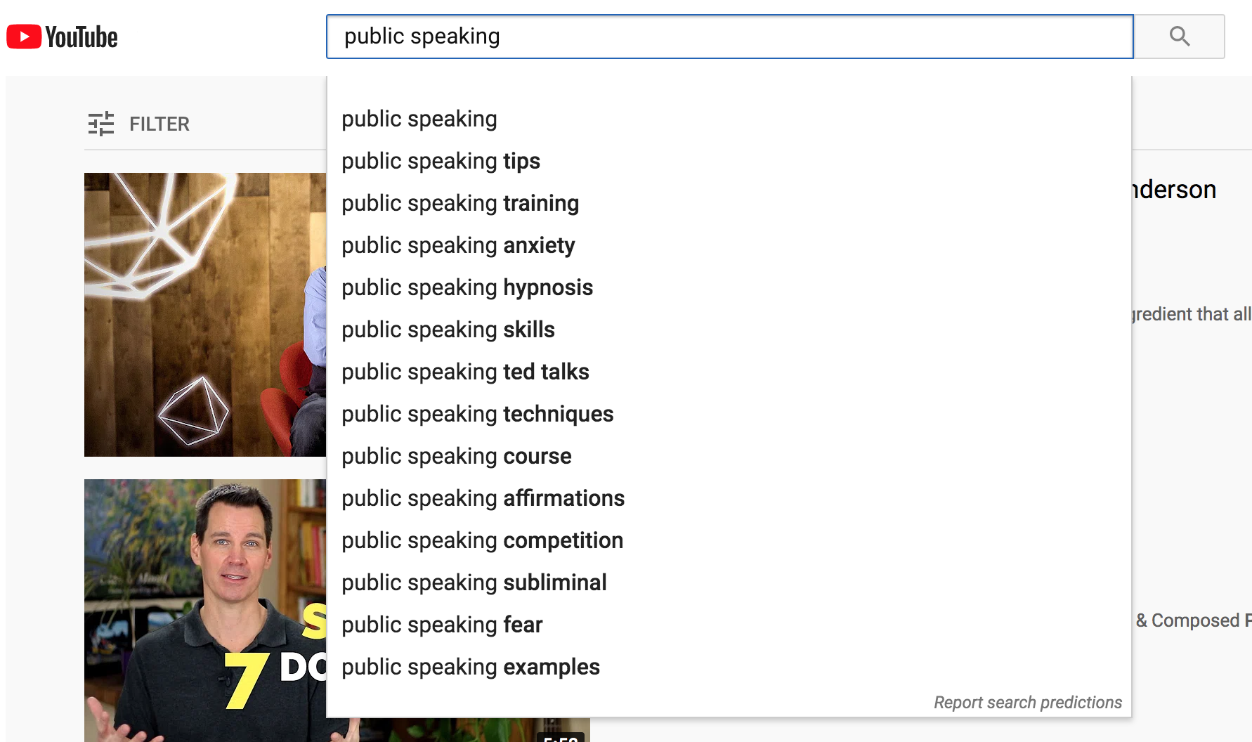 As you can see, YouTube will promptly provide you with a list of keyword ideas closely related to your input.